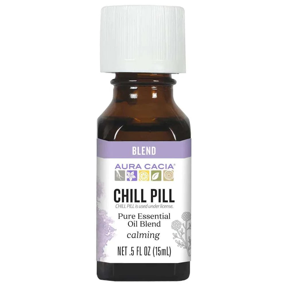 AURA CACIA Essential Solutions Chill Pill bottle with orange, peppermint, basil, lavender, patchouli, and chamomile ingredients