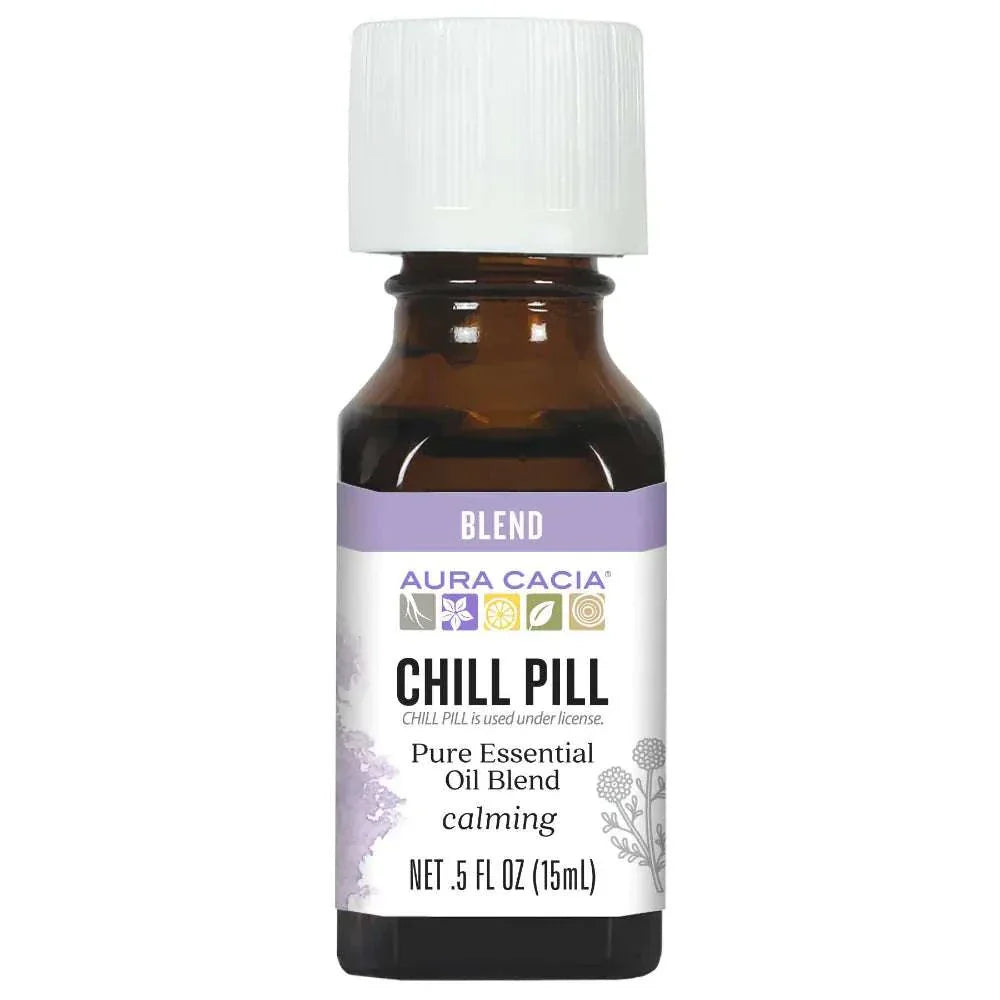 AURA CACIA Essential Solutions Chill Pill with orange, peppermint, basil, lavender, patchouli, and chamomile scents