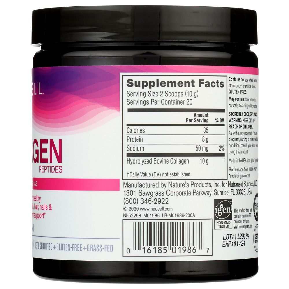 Collagen peptides supplement container showing nutrition facts and ingredients label