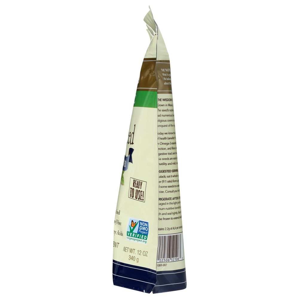 Side view of a 12 oz non-GMO food product bag with nutrition label and barcode visible.