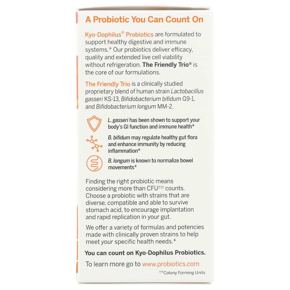 Supplement box panel highlighting probiotic benefits, ingredients, and digestive health support