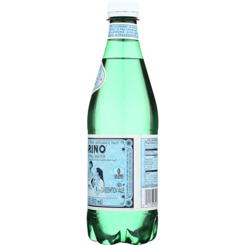 Glass bottle of sparkling mineral water with blue label and white cap, 500ml size