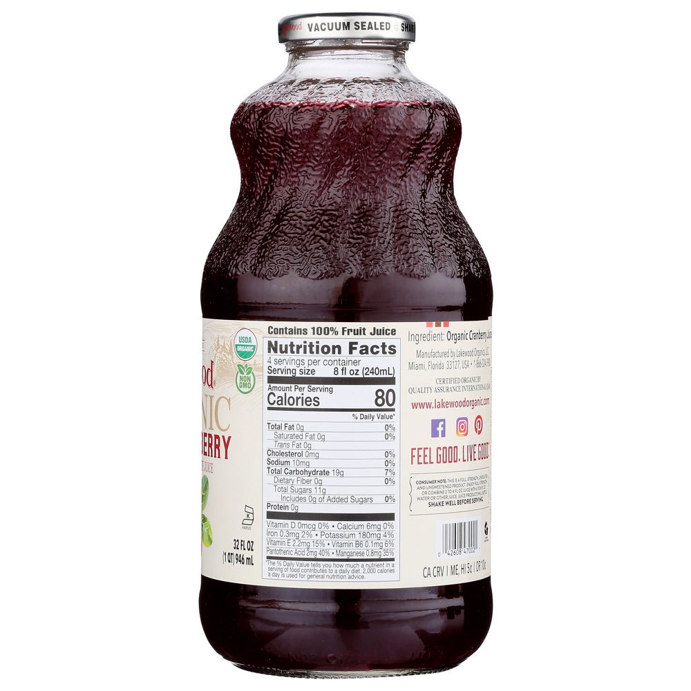 LAKEWOOD ORGANIC: Pure Cranberry Juice, 32 oz - SMART GREENS