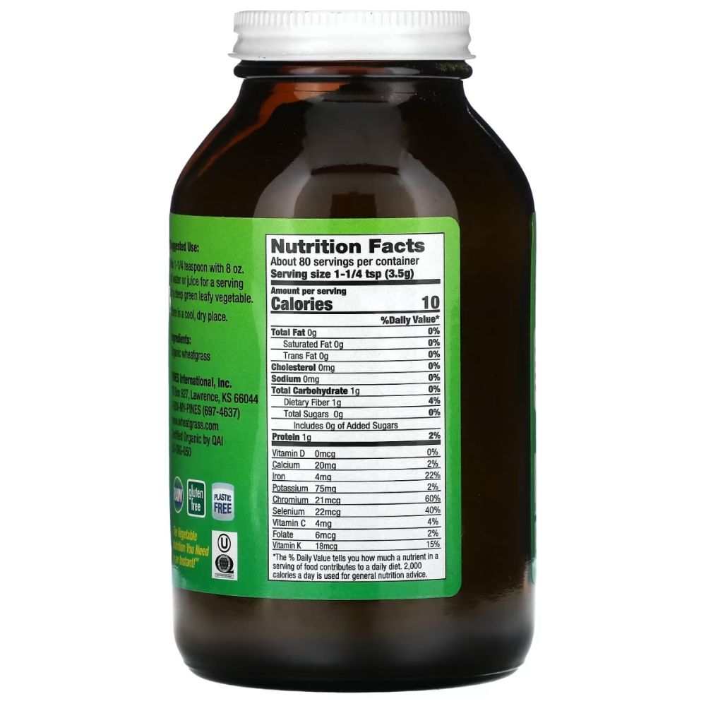 Brown supplement bottle with green label showing nutrition facts and wellness product details.