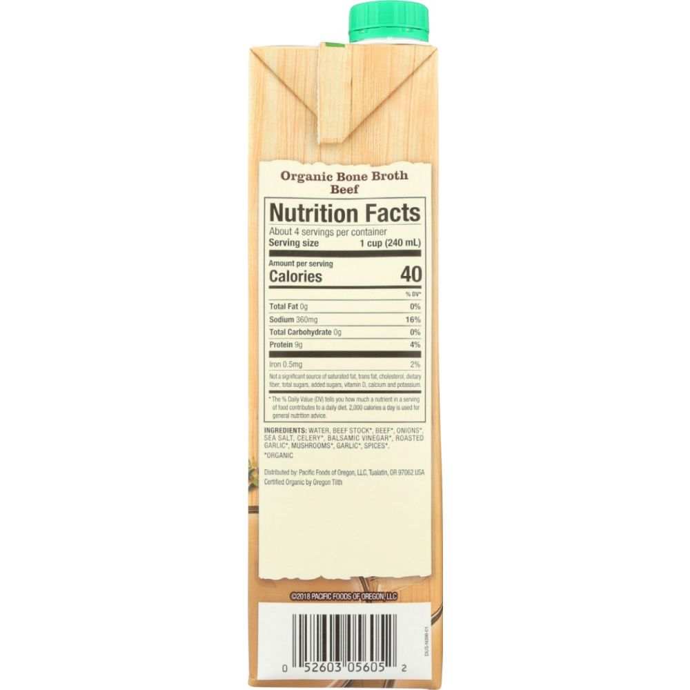 Pacific Foods Organic Beef Bone Broth 32 oz carton with collagen-rich savory broth