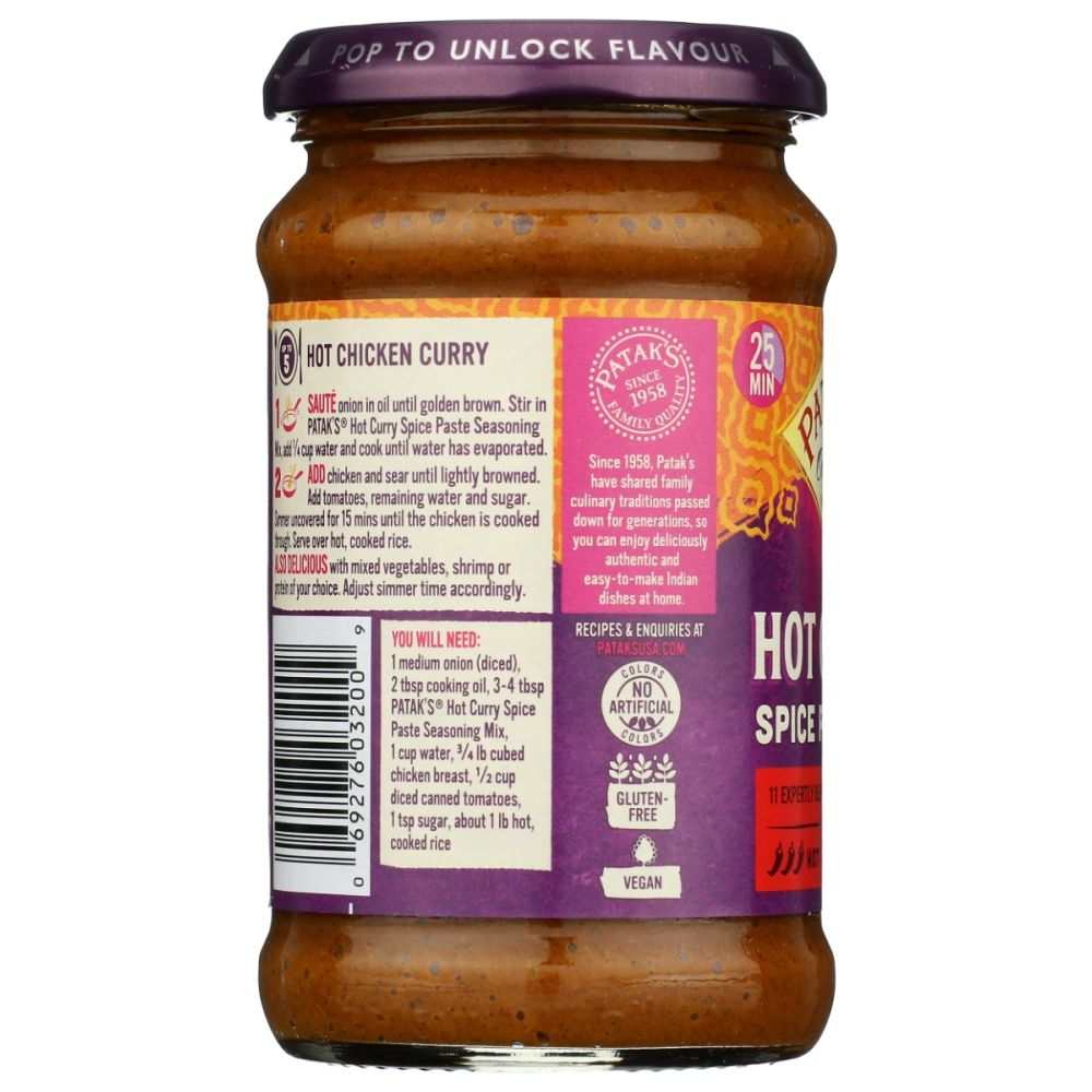 Patak's Original Hot Curry Paste with tomato, cumin, and chile in 10 oz jar