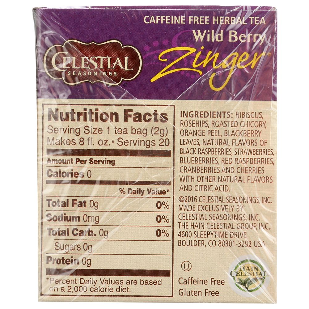 CELESTIAL SEASONINGS: Wild Berry Zinger Herbal Tea Caffeine Free 20 Tea Bags, 1.7 oz - SMART GREENS