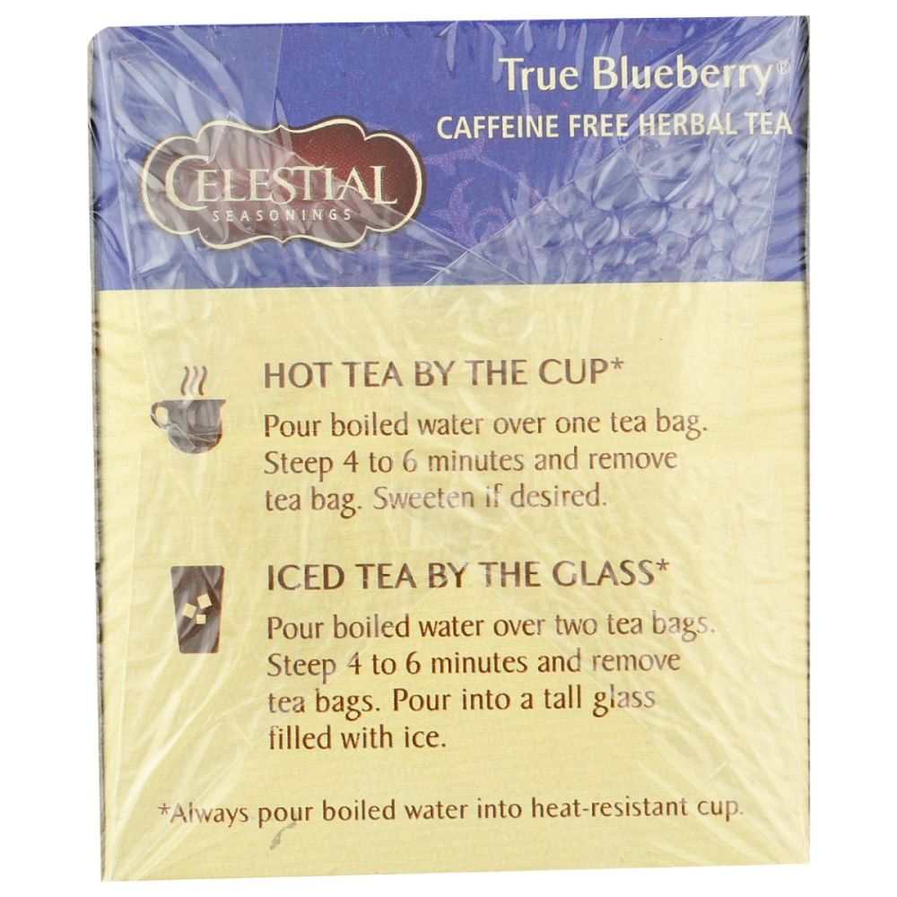 CELESTIAL SEASONINGS True Blueberry Herbal Tea box with wild blueberry flavor and caffeine free label