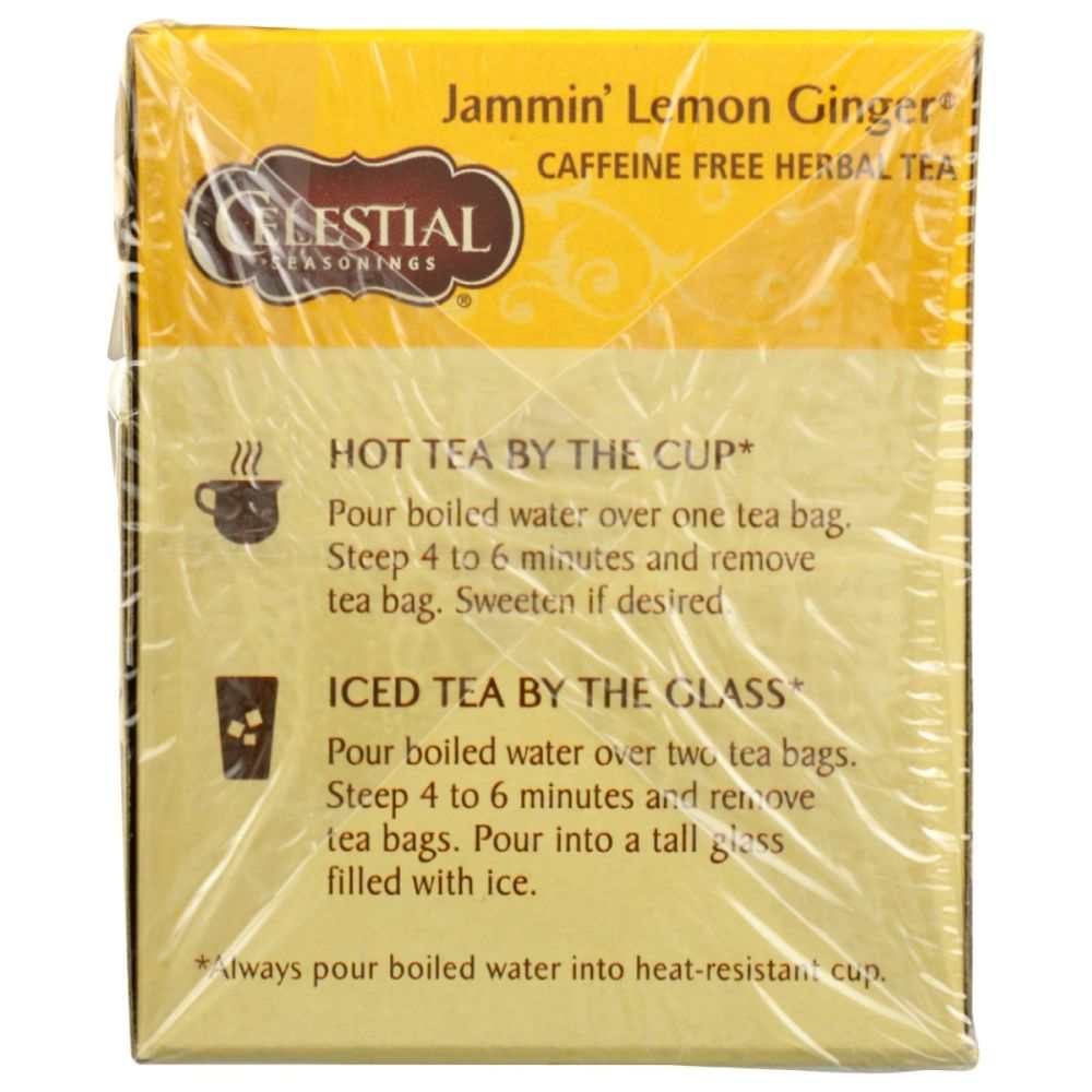 CELESTIAL SEASONINGS Jammin' Lemon Ginger Herbal Tea box with 20 caffeine-free tea bags and lemon ginger ingredients