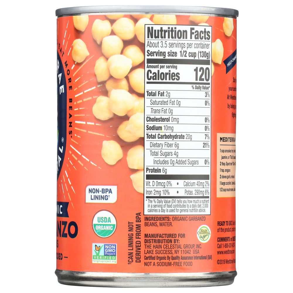 WESTBRAE NATURAL 15 oz can of organic vegetarian garbanzo beans