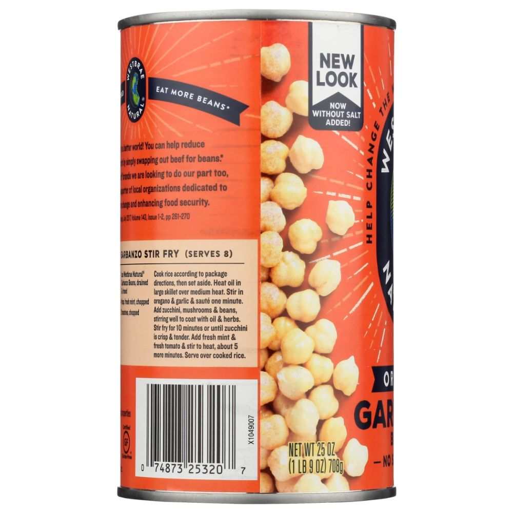 WESTBRAE Organic Vegetarian Garbanzo Beans 25 oz can with natural chickpeas for cooking and salads