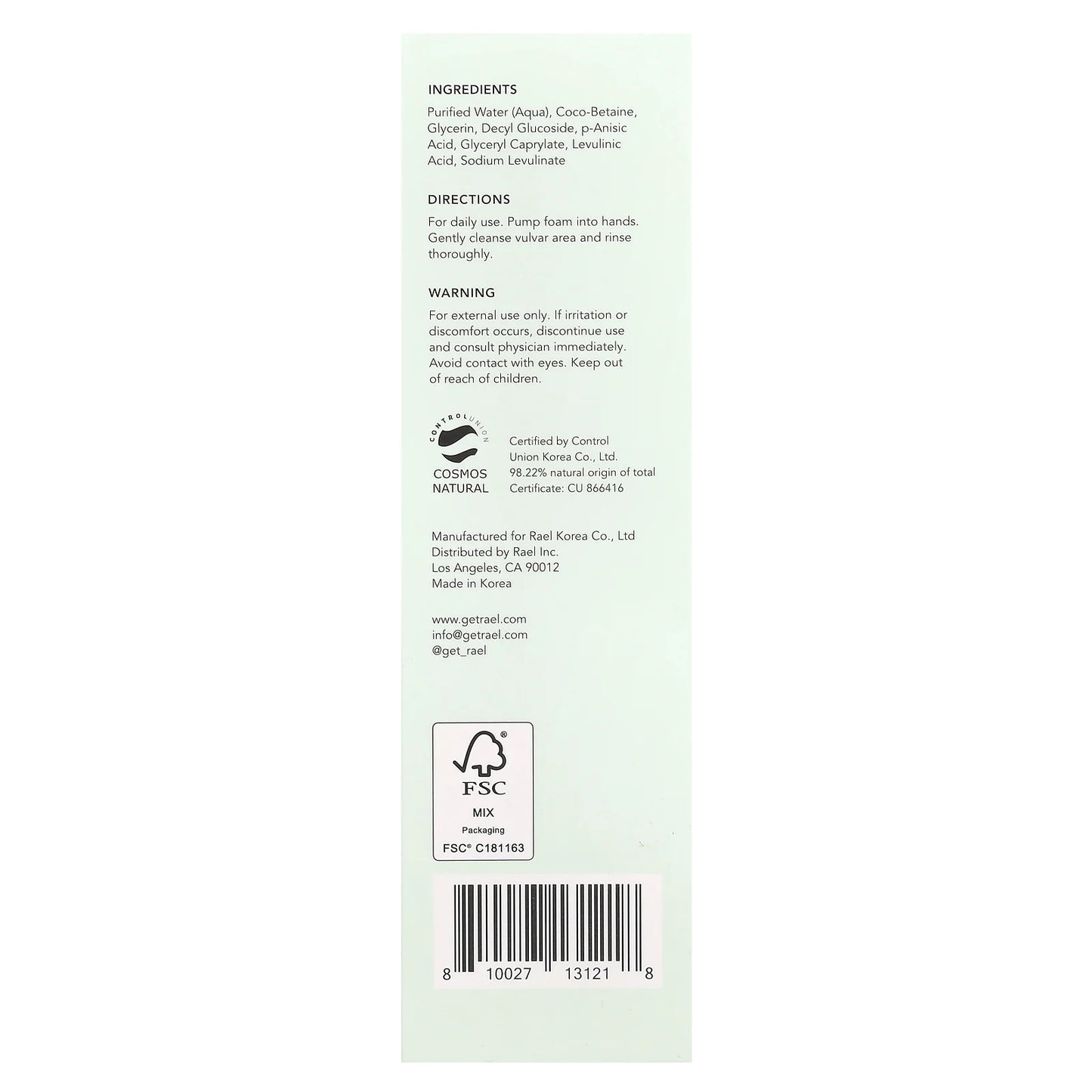 RAEL: Wash Feminine Ntural Foam, 5 oz