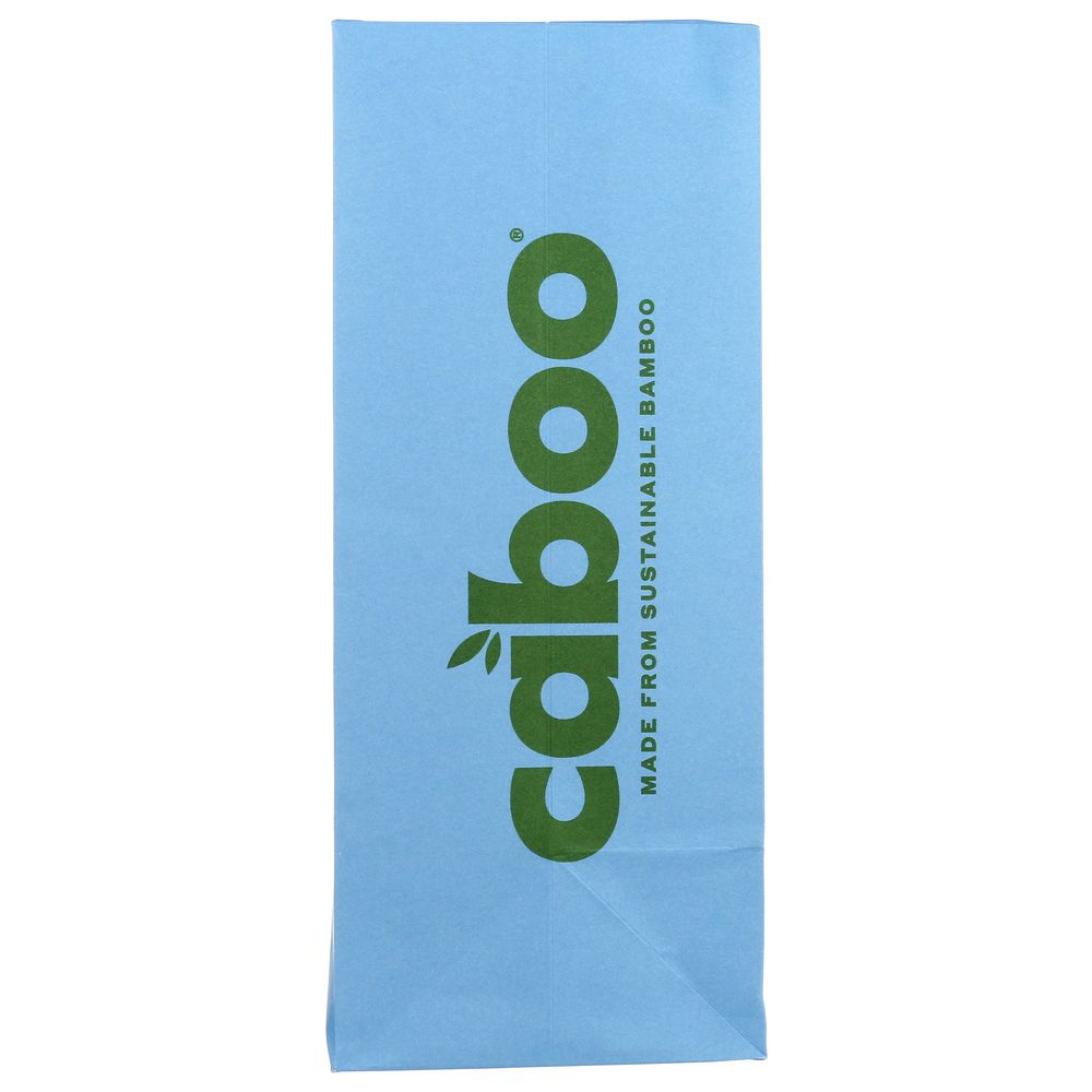 Blue eco-friendly paper bag with green caboo logo and 'made from sustainable bamboo' text