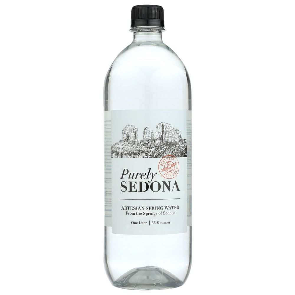 Purely Sedona artesian spring water one liter bottle with Sedona landscape label.
