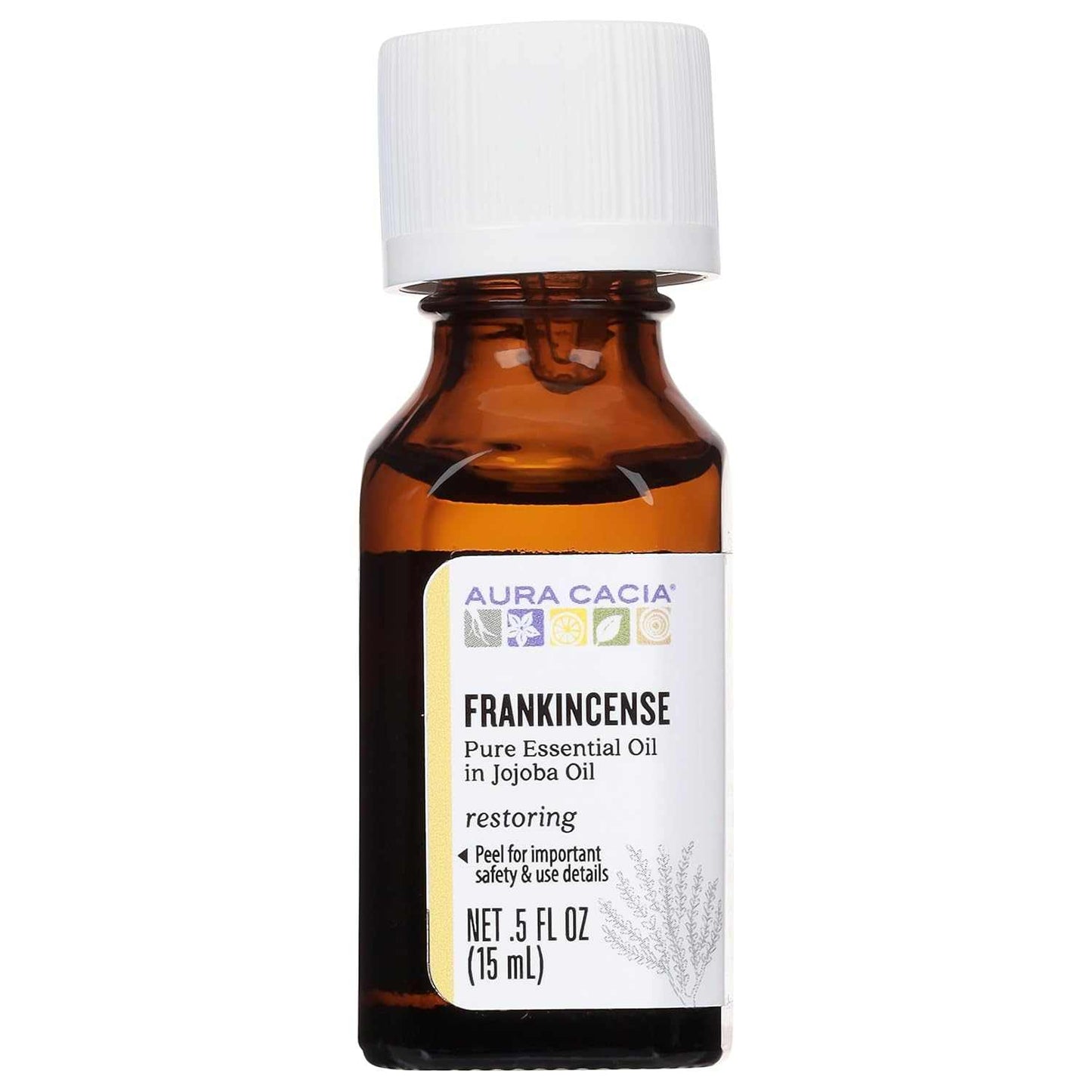 AURA CACIA Precious Essential Oil Frankincense Jojoba 0.5 oz bottle with sweet balsamic aroma for aging skin
