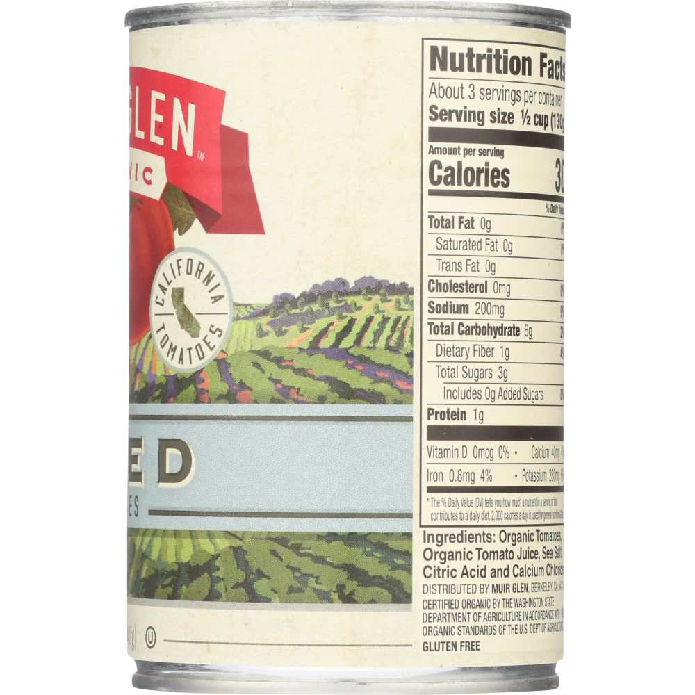 MUIR GLEN Organic Diced Tomatoes 14.5 oz can with California sun-drenched farm background