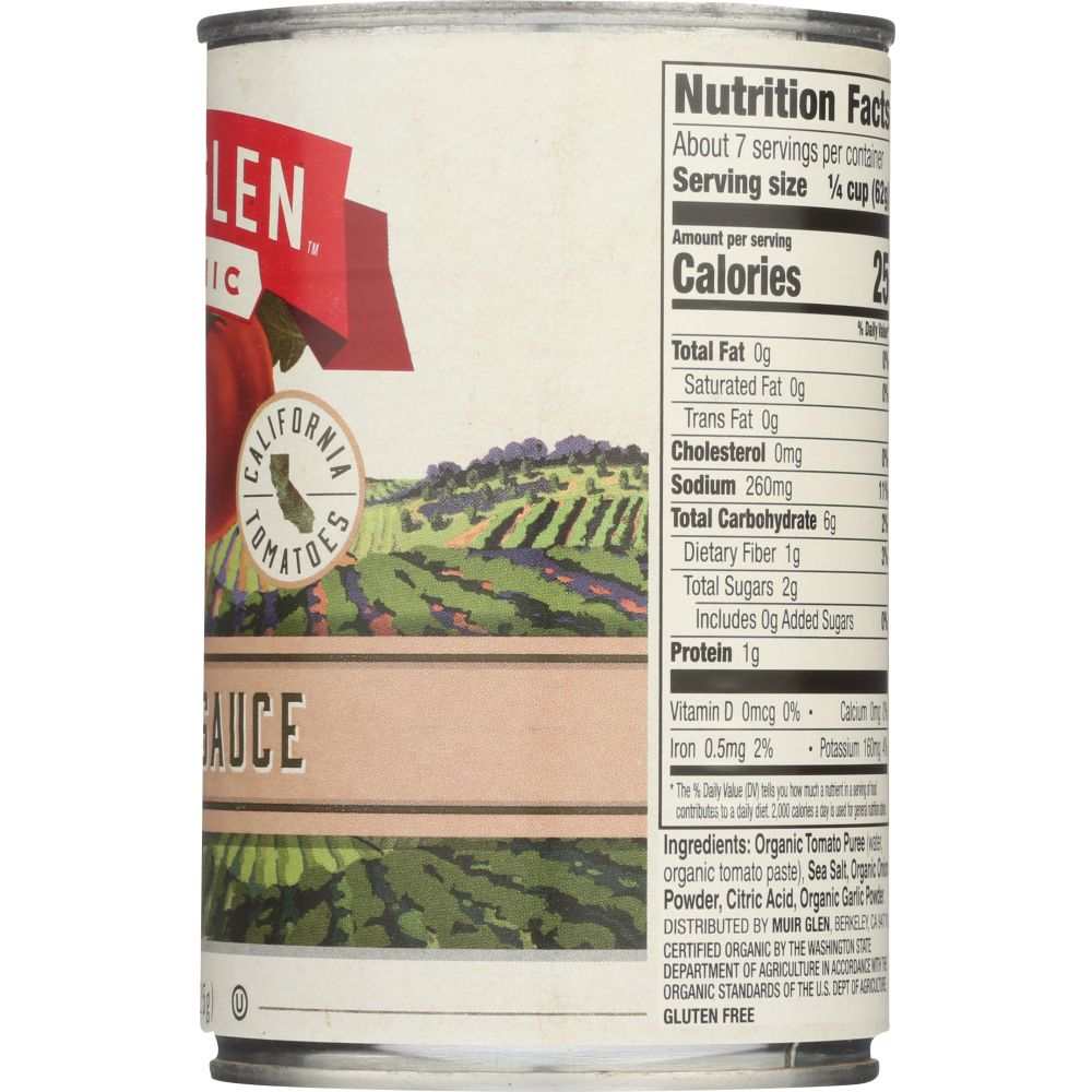 MUIR GLEN Organic Tomato Sauce 15 oz bottle with pure tomato flavor and organic onion and garlic