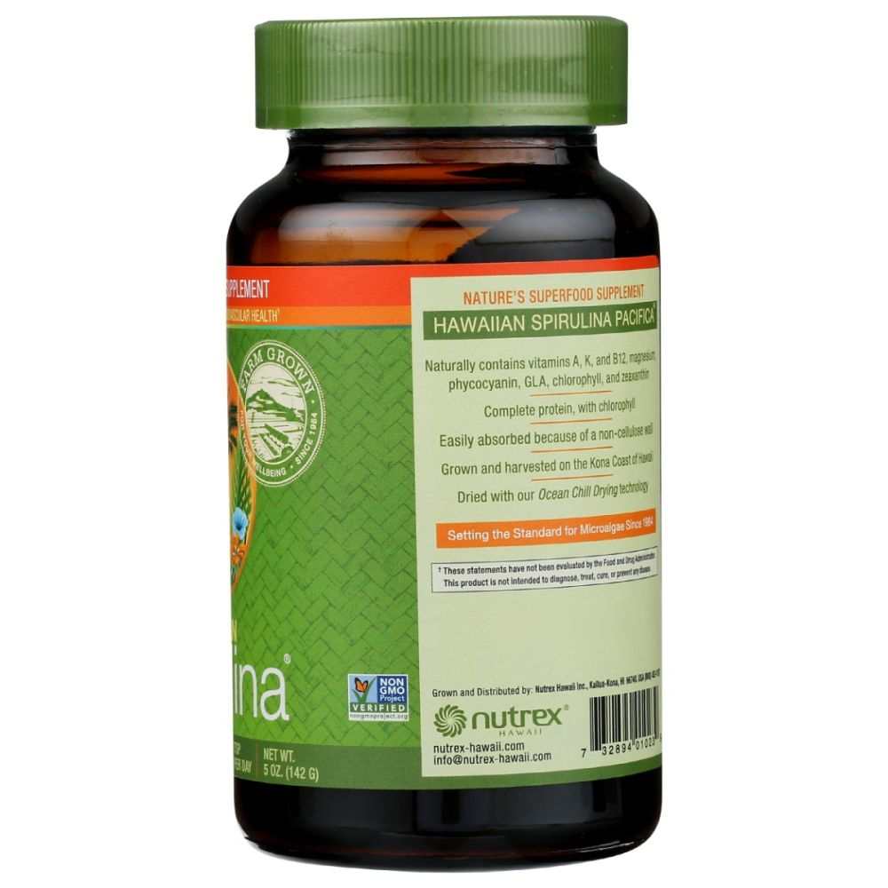 Bottle of Hawaiian Spirulina Pacifica supplement with green label and Non-GMO seal