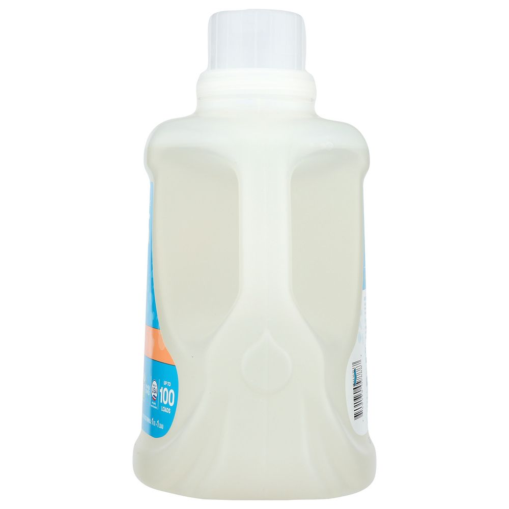 Large plastic jug of liquid laundry detergent with measuring cap and blue-orange label
