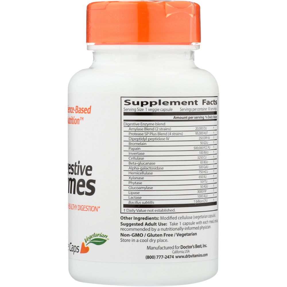 Digestive enzymes supplement bottle with orange cap and detailed nutrition label