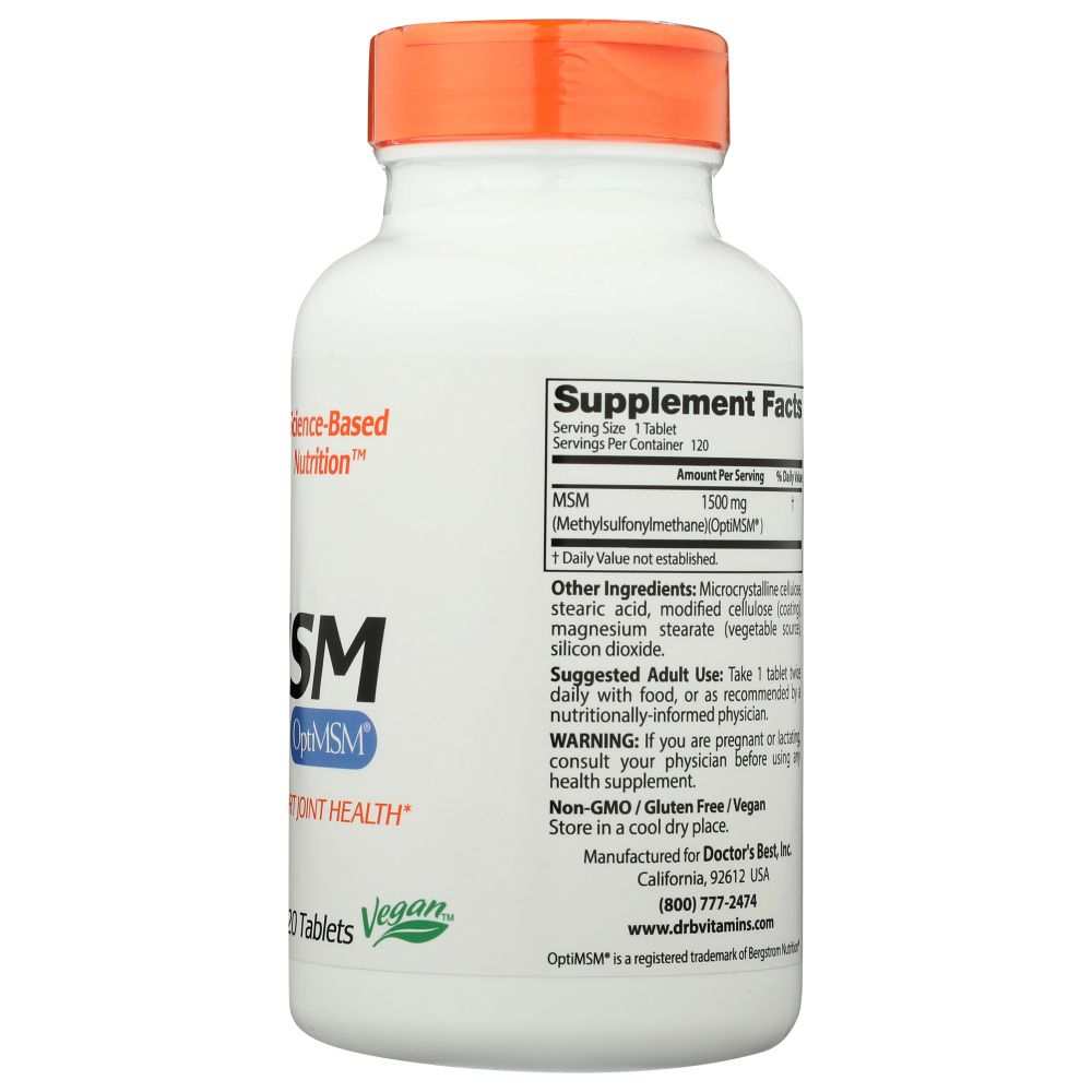 White MSM supplement bottle with orange cap, vegan label, and supplement facts panel