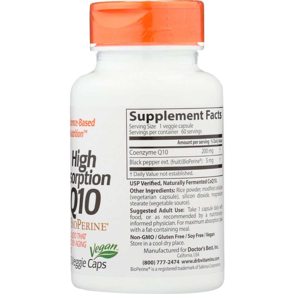 High Absorption CoQ10 supplement bottle with supplement facts and orange cap