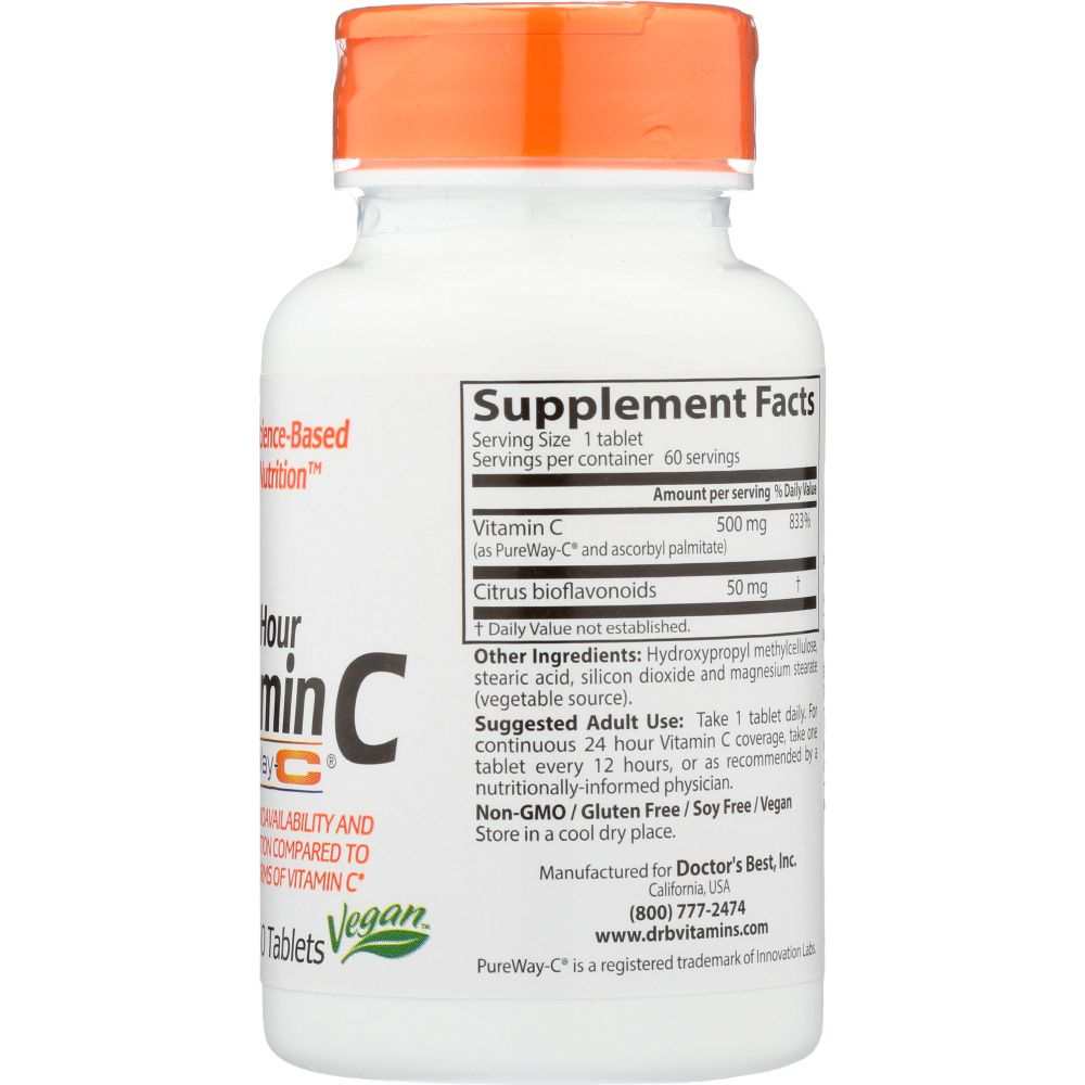 Vitamin C supplement bottle with orange cap, ingredient and nutrition facts label, vegan
