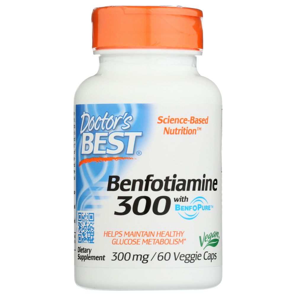 Bottle of Benfotiamine 300mg vegan dietary supplement, 60 veggie capsules
