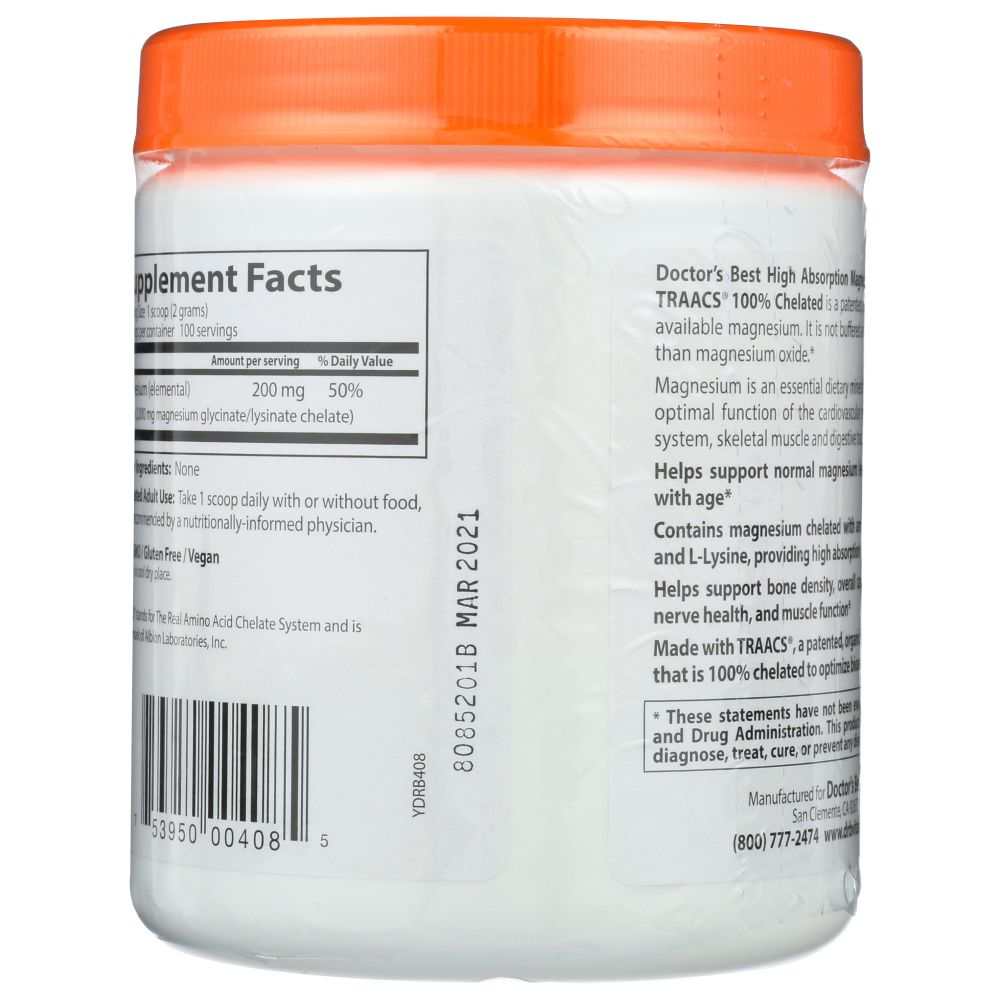 Supplement container with orange lid, ingredient and nutrition facts label visible