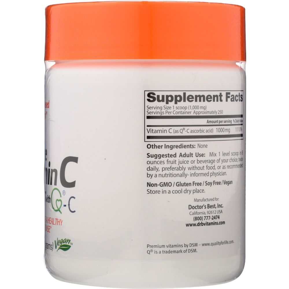Vitamin C powder supplement container with orange lid, nutrition label, vegan, non-GMO