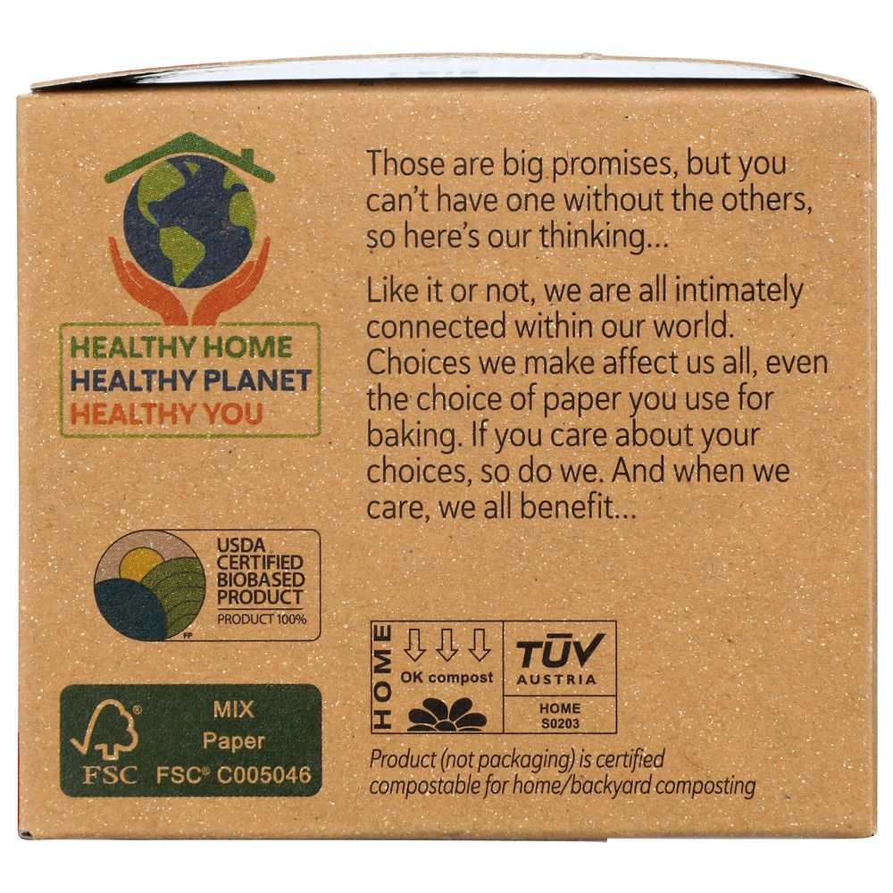 Eco-friendly packaging with certification logos and sustainability message for baking paper.