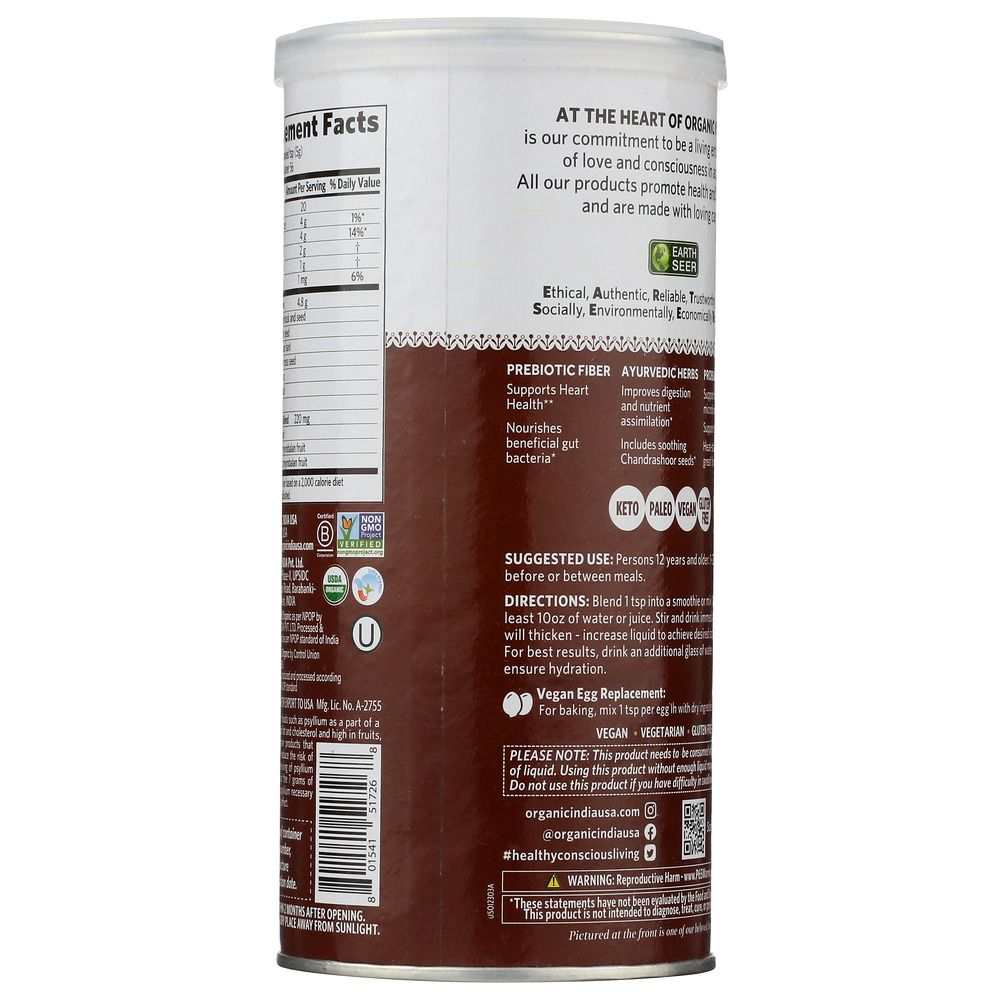 Back view of a health supplement powder container showing nutrition facts, instructions, and dietary labels.