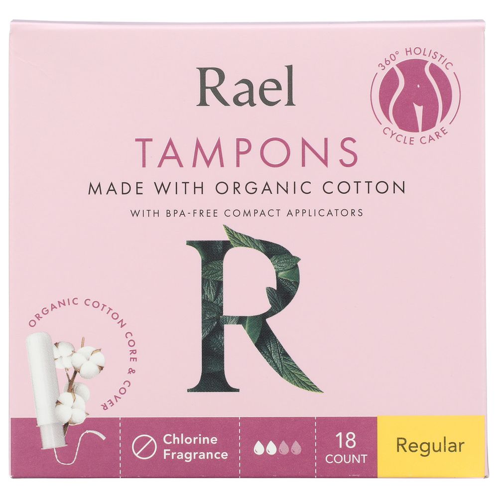Box of Rael regular organic cotton tampons, 18 count, BPA-free compact applicators