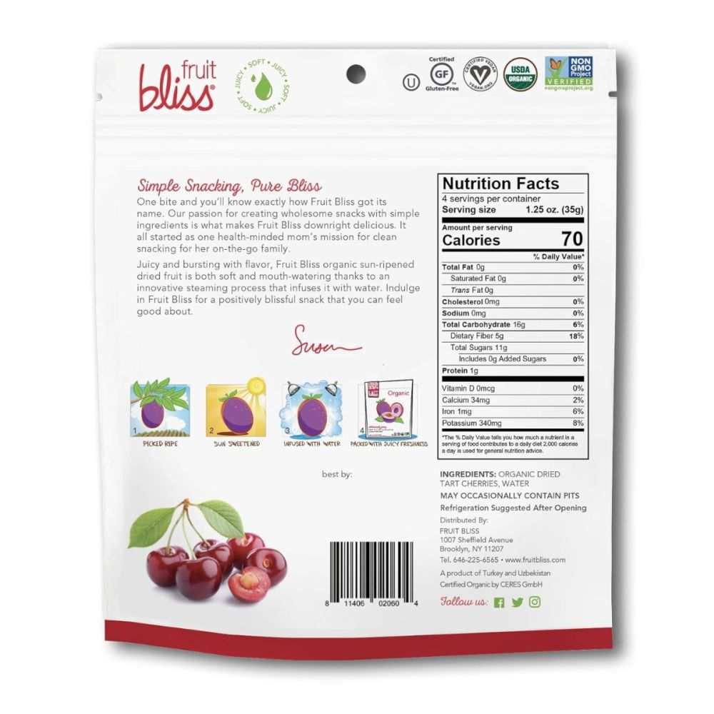 Fruit Bliss organic tart cherries 4 oz package vibrant red dried fruit snack