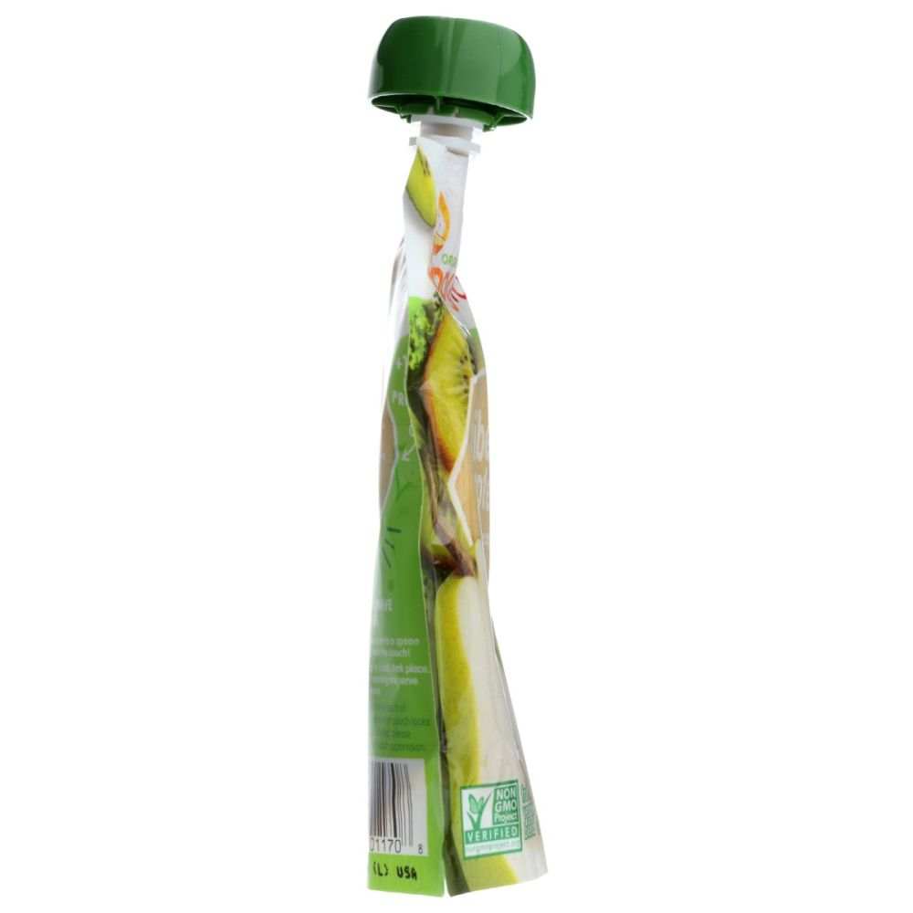Side view of a green-capped fruit puree pouch with Non-GMO Project verification label