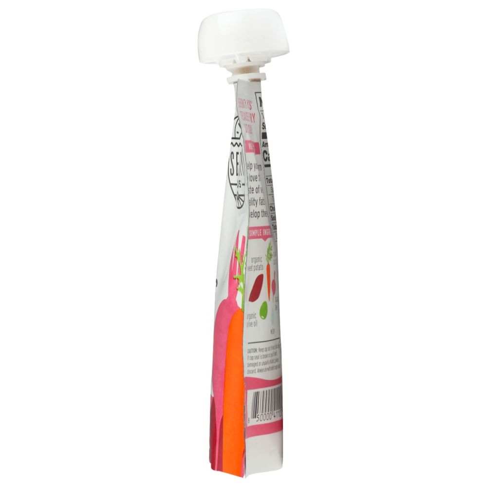 Side view of a vegetable puree pouch with nutritional details and barcode visible