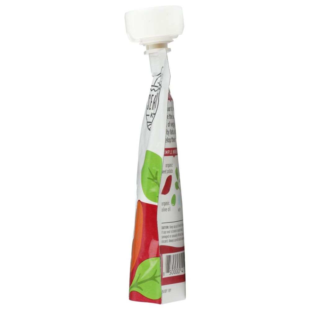 Side view of a vegetable puree squeeze pouch with leafy green illustrations and barcode