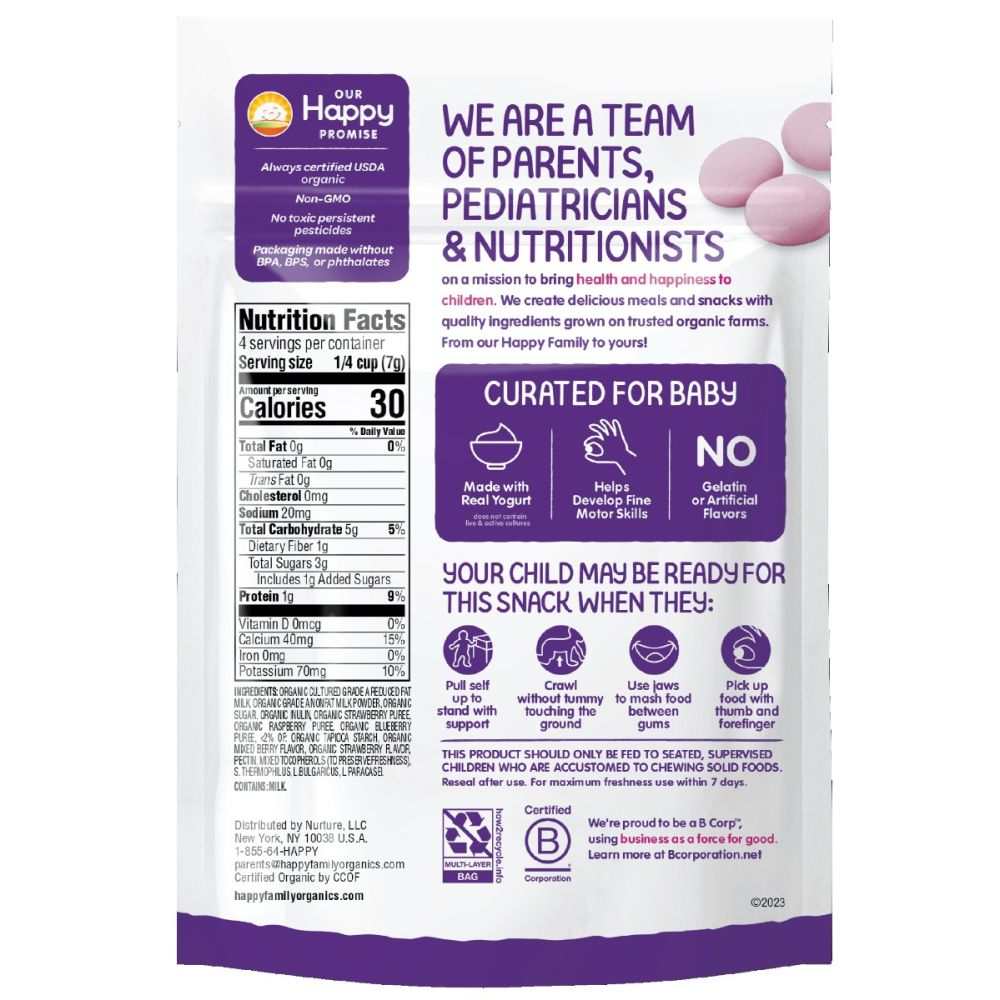 Back of organic baby snack package showing nutrition facts, ingredients, and feeding guidelines.