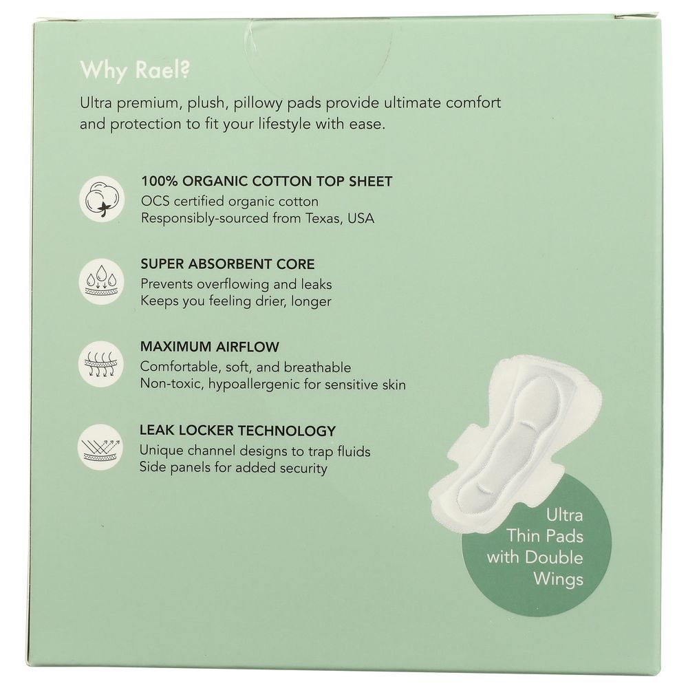 Box of organic cotton ultra-thin pads with double wings and comfort features listed