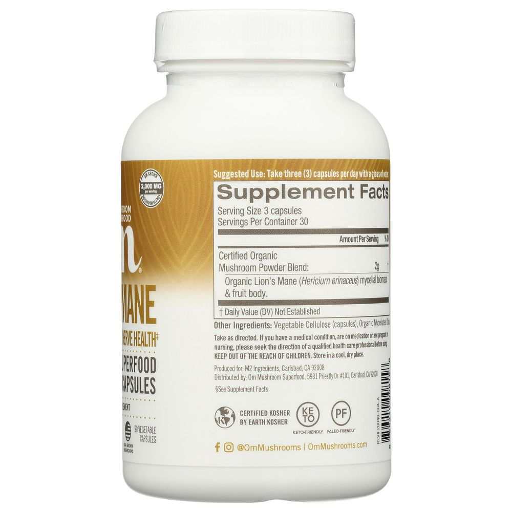 Lion's Mane organic mushroom supplement bottle with supplement facts label visible.