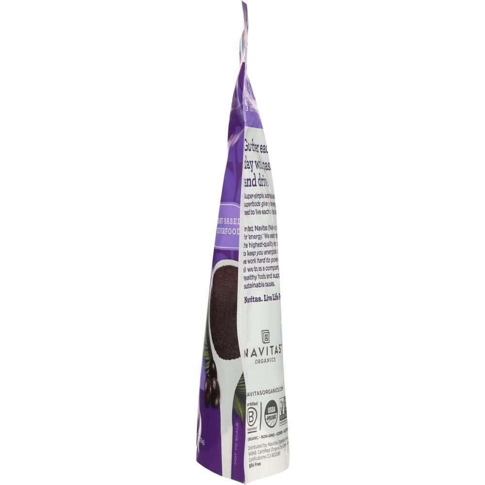 Side view of Navitas Organics superfood powder bag with acai design and organic certification