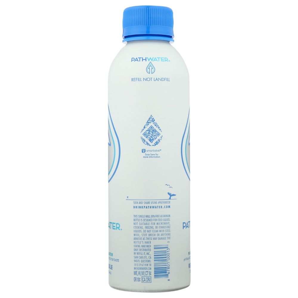 Reusable aluminum water bottle with blue cap and eco-friendly messaging on label