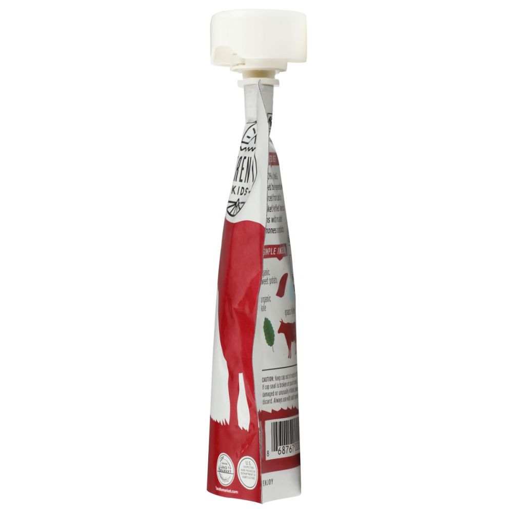 Squeeze pouch with red and white design, white cap, nutrition and barcode visible on side
