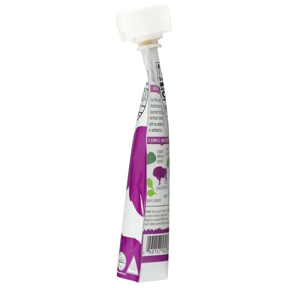 Side view of a squeeze food pouch with nutritional information and purple label.