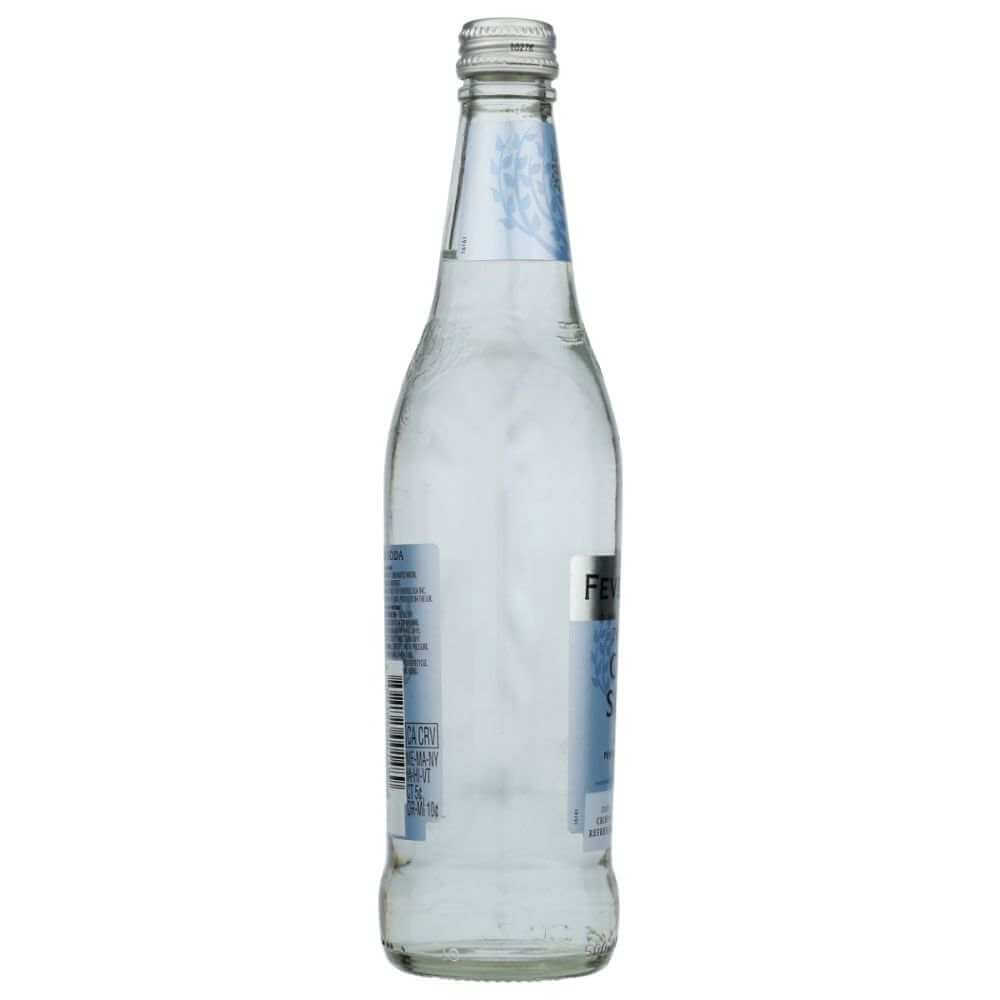 Clear glass soda water bottle with silver cap and partial label on white background