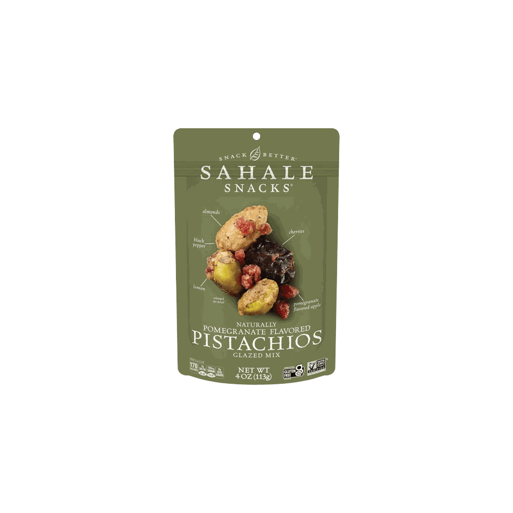 SAHALE SNACKS Pomegranate Pistachios Glazed Mix Nut Blend 4 oz packaging with nuts and pomegranate imagery