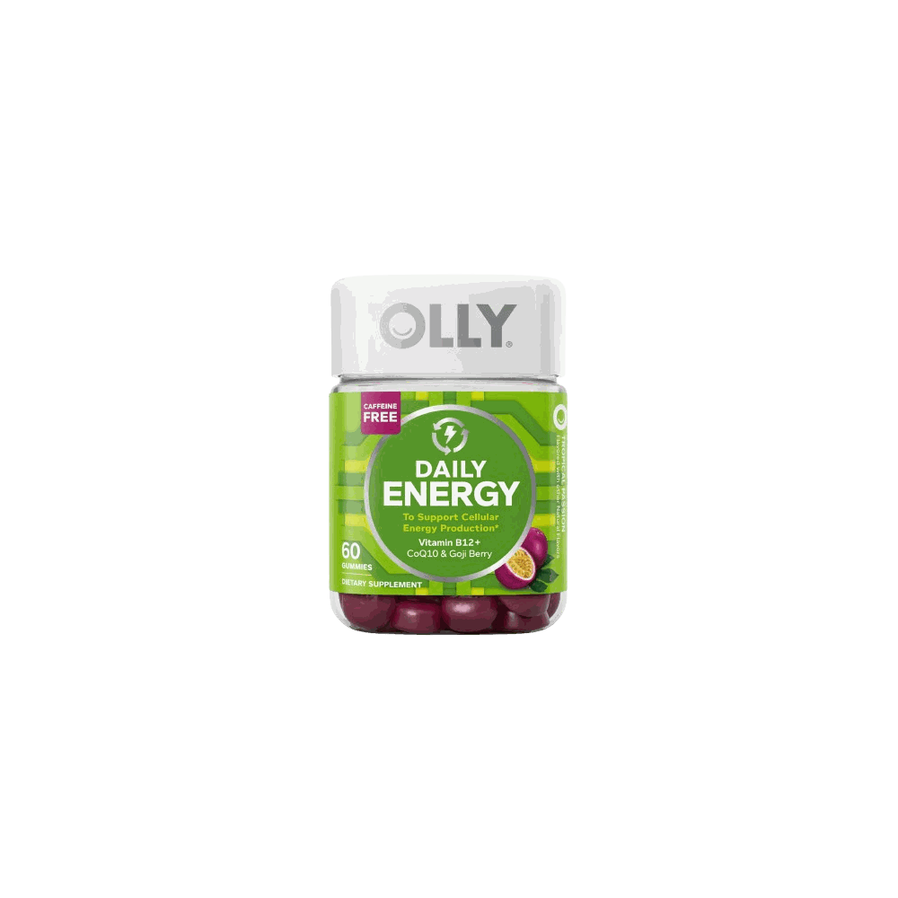 OLLY Daily Energy tropical passion fruit flavored vitamin gummies for sustained energy and mental clarity, 60 count bottle