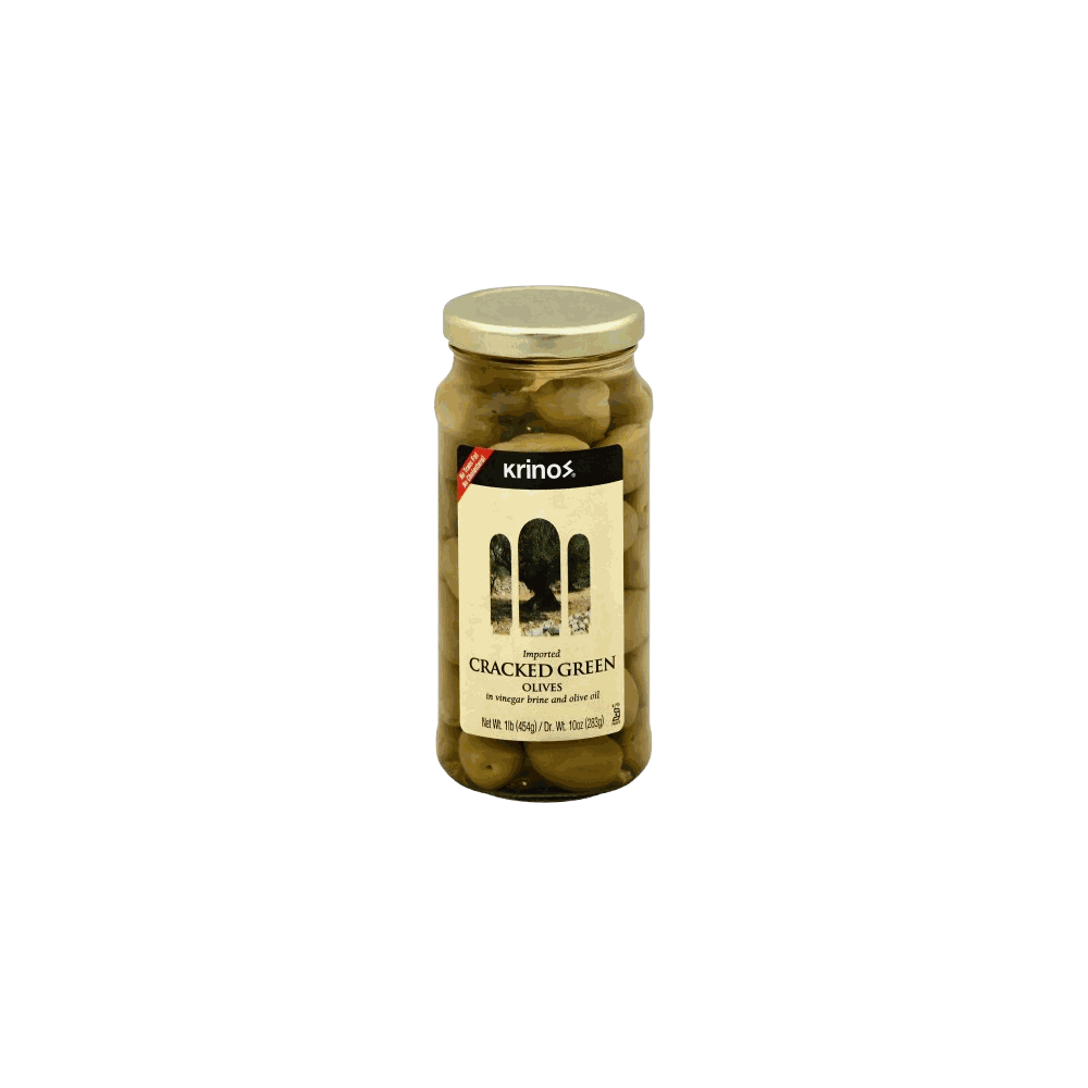 KRINOS Cracked Green Olives 16oz jar showcasing authentic Greek handpicked olives for Mediterranean appetizers