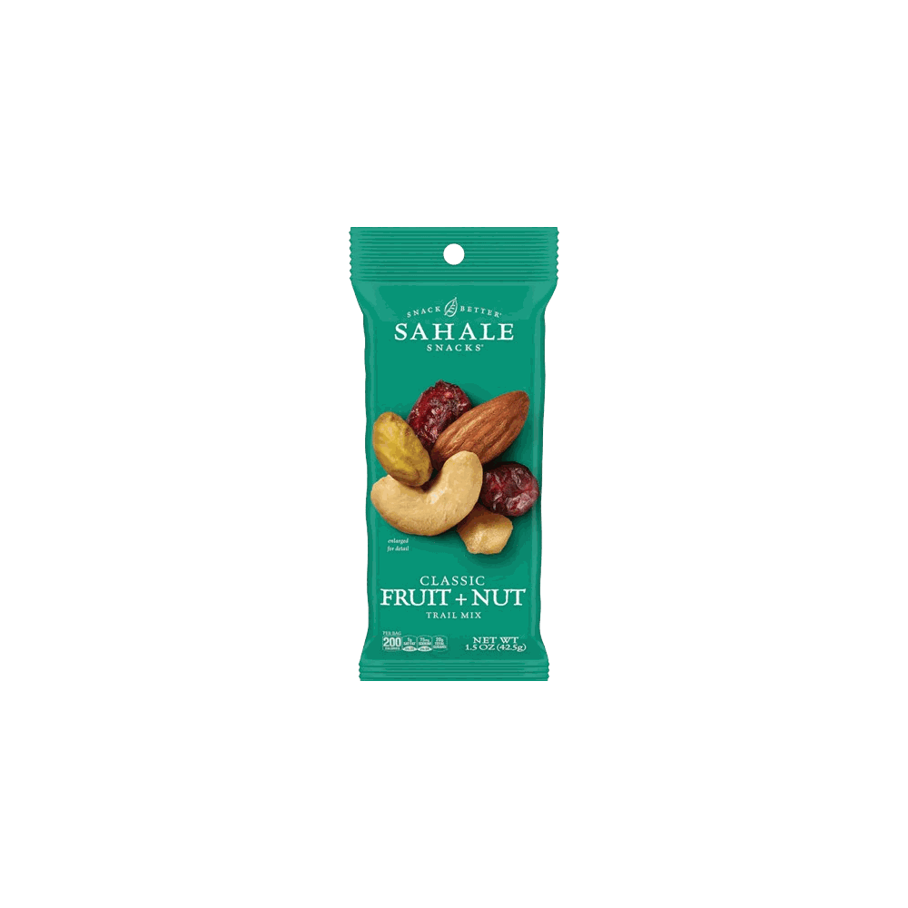 SAHALE SNACKS Classic Fruit and Nut Trail Mix pouch with nuts and dried fruits on a wooden surface