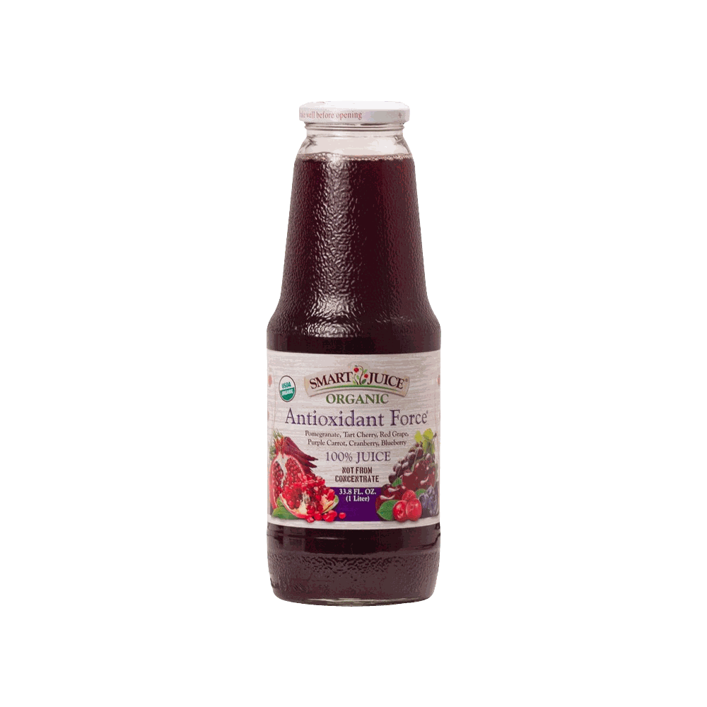 SMART JUICE organic antioxidant juice with pomegranates, tart cherries, red grapes, blueberries, and purple carrots in a 33.8 oz bottle